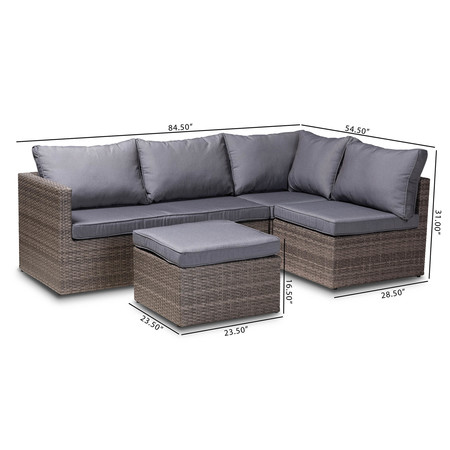 Baxton Studio Pamela Grey Upholstered and Brown Finished 4-Piece Rattan Patio Set 165-10715
